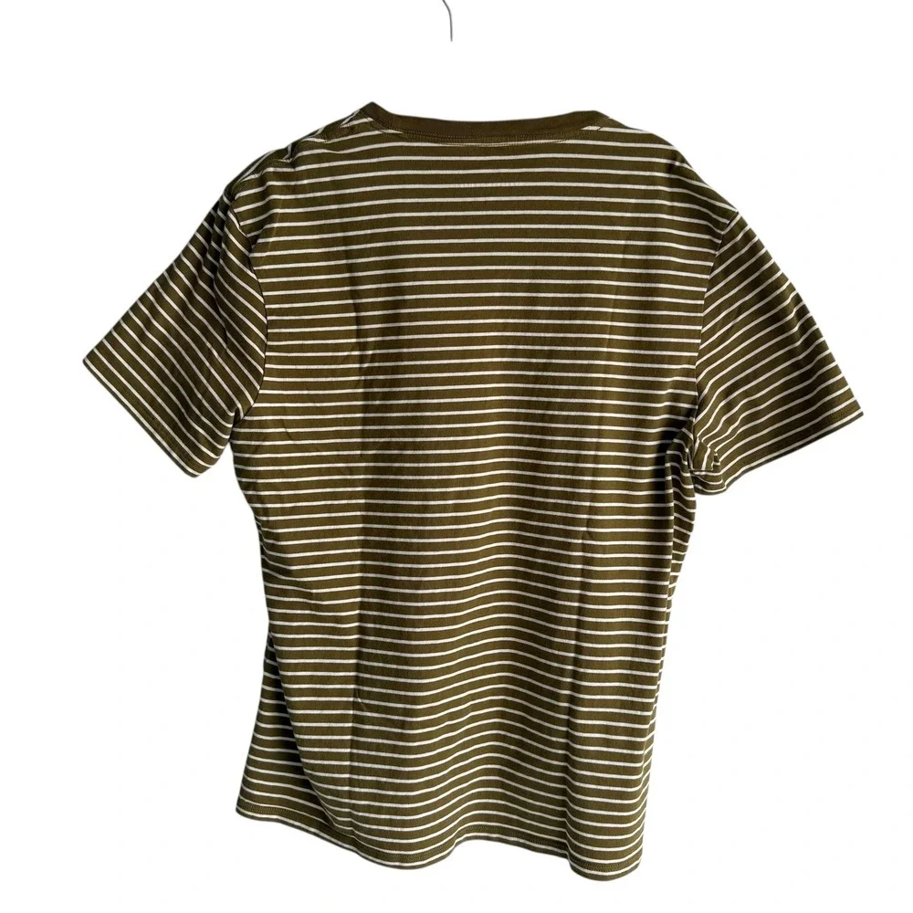 EVERLANE UNIFORM Olive Green Crew Neck Striped Mens Short Sleeve Tee, L - Picture 2 of 5